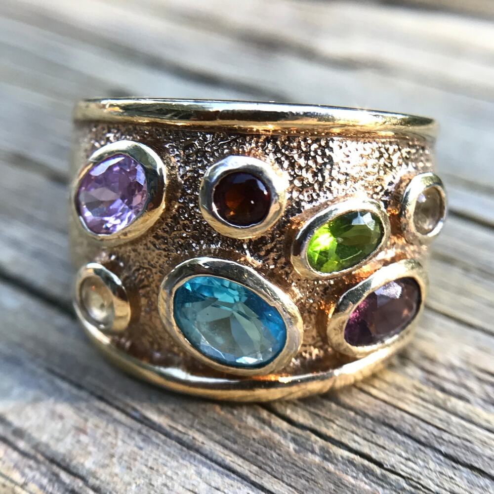 Vintage PJM 925-stamped multicolor wide band cut crystal cocktail ring Size 10